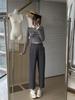 Women's 2024 Autumn Khaki Wide-Leg Suit Pants - Navy Blue, Loose, Straight, Nine-Point Length