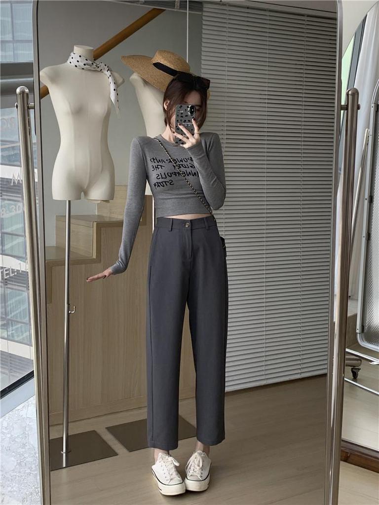 Women's 2024 Autumn Khaki Wide-Leg Suit Pants - Navy Blue, Loose, Straight, Nine-Point Length