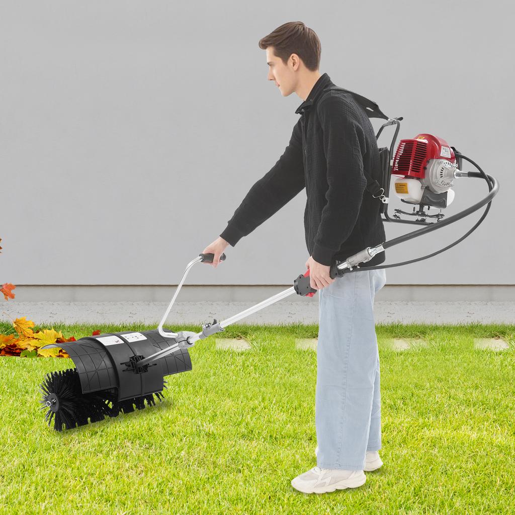 Backpack Gasoline Power Broom, 52cc 2-Stroke Engine,153cm Handle Length for Lawn Turf Cleaning,Artificial Grass Sweeper,180x40cm