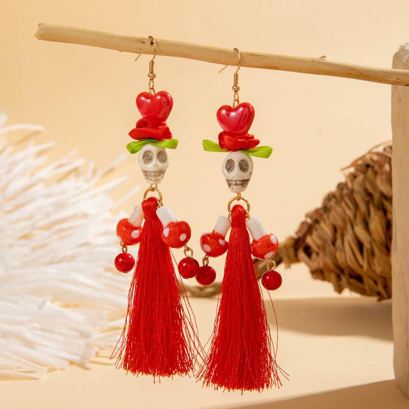 Halloween, Divertenti Divertenti Orecchini con Tassel Teschio Perline di Riso Creativi Orecchini a Rosa
