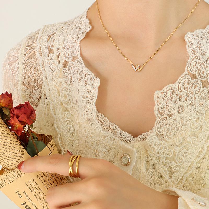 Korean Trendy Rhinestone  W  Pendant Necklace in 18K Gold-Plated Titanium Steel