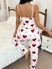 Dames Zomer Casual Hartjespatroon Rode Ruche Camisole + Rode Hartjesprint Lange Broek Pyjamaset