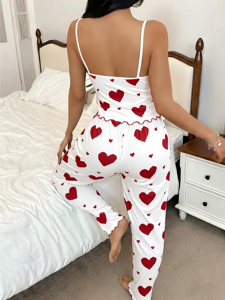 Dames Zomer Casual Hartjespatroon Rode Ruche Camisole + Rode Hartjesprint Lange Broek Pyjamaset