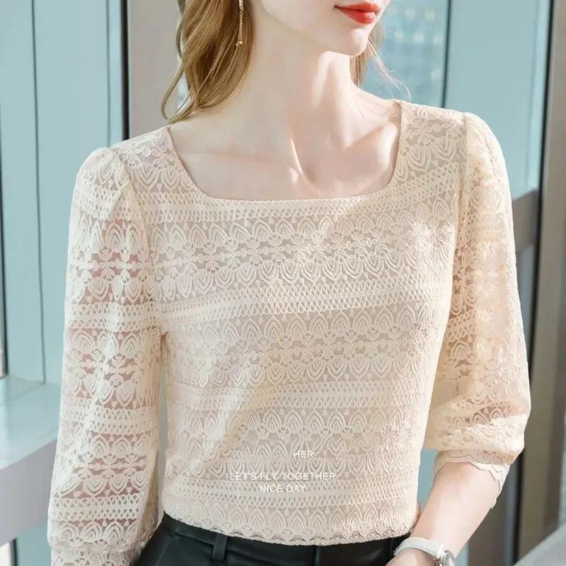 

Жіноча весняна сорочка з мереживною нижньою частиною рукавів три чверті, порожній комір із порожнім повітрям, в’язана гачком, тонка сорочка S бежевий