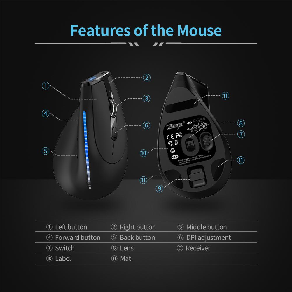 ZELOTES Optical 2.4G Mouse 6 Buttons F-36A Optical Vertical Mouse 2400 DPI Adjustable for Computer Laptop