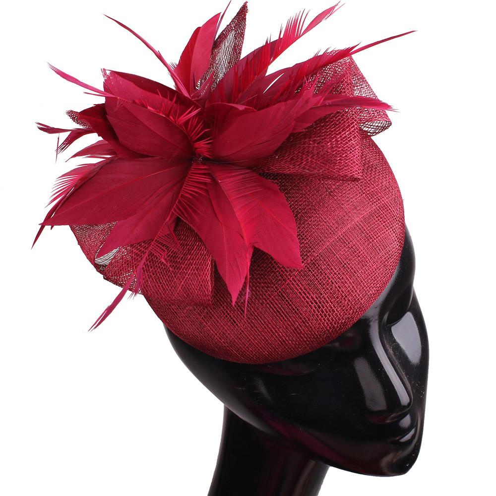 

European And American Fashion Hemp Gauze Hat Headgear 4-Layer Hemp Yarn Bottom Support Bride Wedding Feather Head Jewelry One Hand бордовый