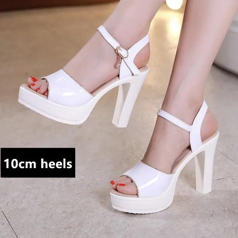 

10cm 13cm Small Size 32-43 Sexy Block High Heels Shoes Summer 2025 Patent Leather Chunky Platform Sandals Model Party Dress 32