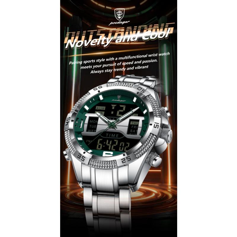 POEDAGAR Sports Luxury Man Wristwatch Dual Time Display Digital Week Date LED Luminous Men Watch Electronic Quartz Watches