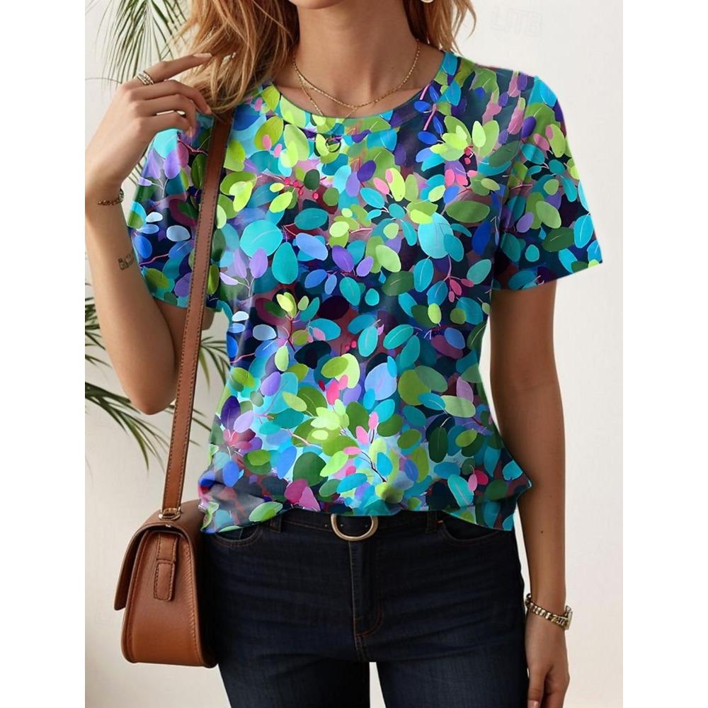Summer women's T-shirt, fashionable with floral patterns, classic and elegant round neck short sleeved T-shirt, regular round neck T-shirt