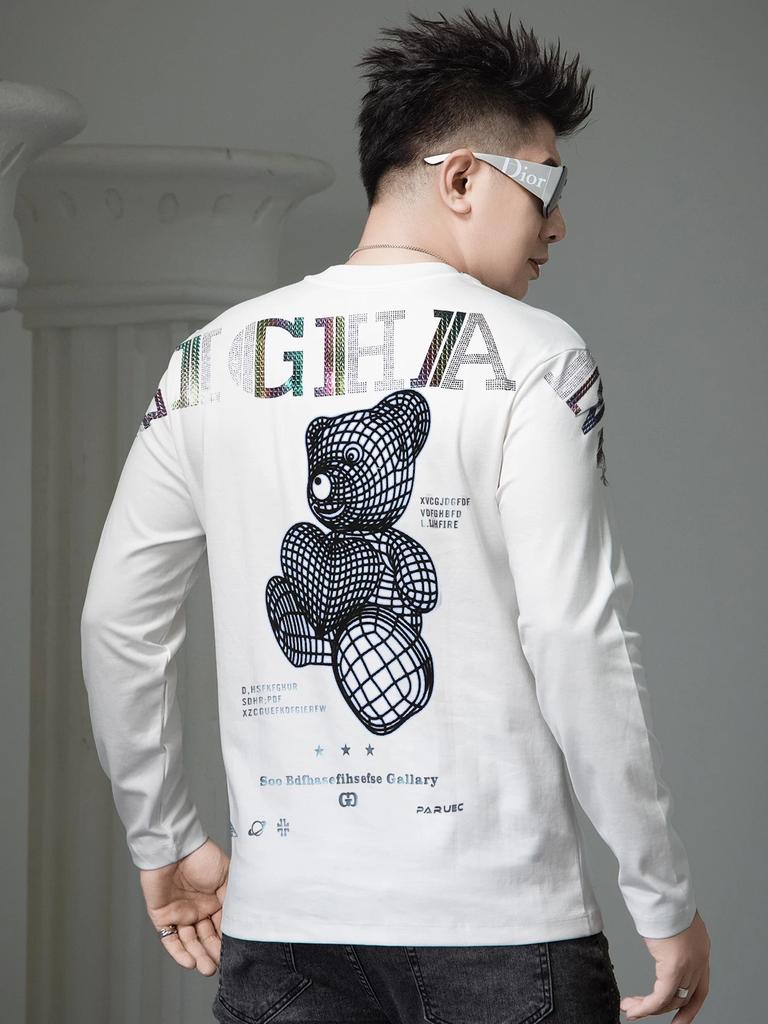 European Style Round Neck Long Sleeve T-Shirt for Men, Spring 2026 New Pullover Base Shirt, Trendy Bear Print Tee