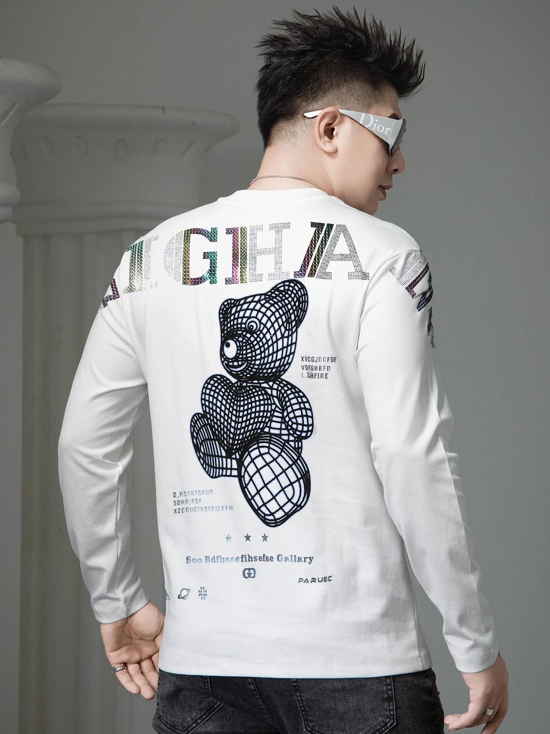 

European Style Round Neck Long Sleeve T-Shirt for Men, Spring 2026 New Pullover Base Shirt, Trendy Bear Print Tee M чёрный