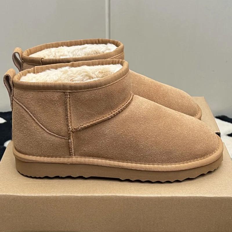 Classic Winter Women Ultra Mini Snow Boots Genuine Cowhide Leather Fur Slippers 2027 New Design Men Short Boot Flat Cotton Shoes