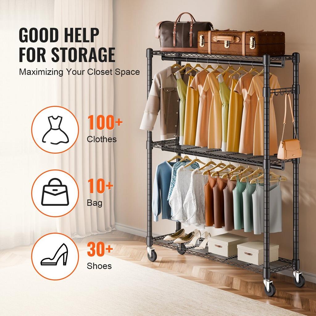 Heavy Duty Clothes Rack, Rolling Clothing Garment Rack with 3 Storage Tiers, 2 Rods and 2 Pairs Side Hooks, Adjustable Height Clothing Rack Closet for