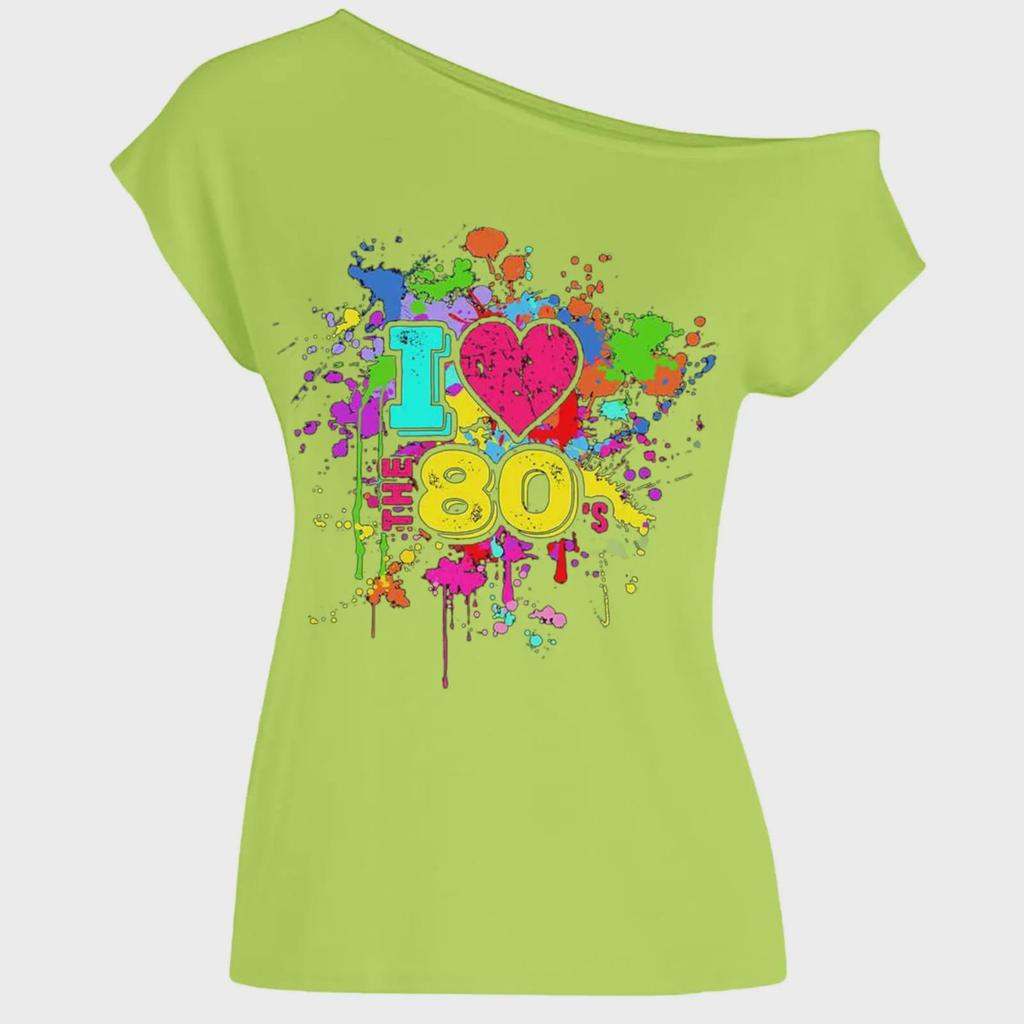 80'leri Seviyorum Graffiti Eğik Yaka Seksi Tişört