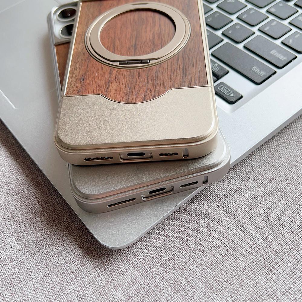 Alloy Wood Hybrid Case For iPhone 13 14 15 16 Pro Max 360° Rotation Metal Stand Matte Magentic Expandable Frameless Case Cover