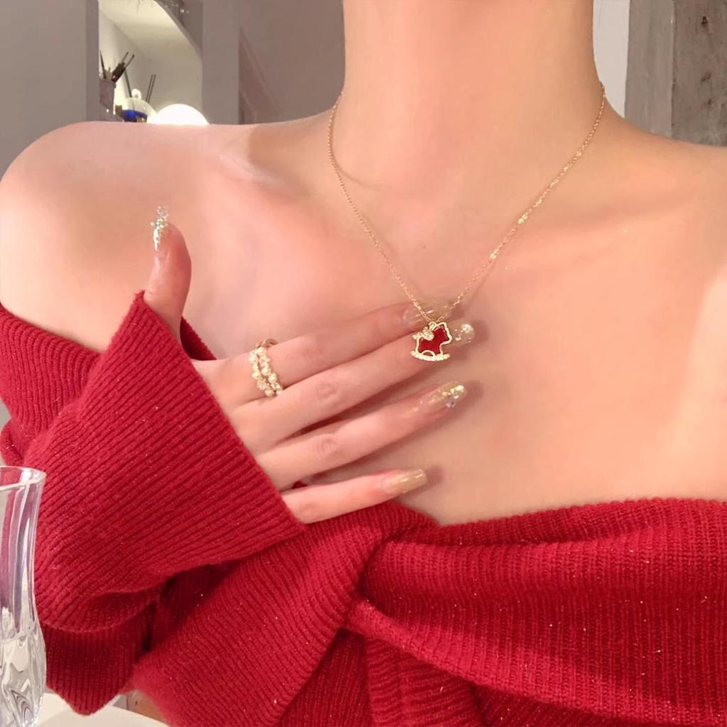 Red Cubic Zirconia Wooden Horse Necklace for Women - Elegant Luxury Choker with Exquisite Clavicle and Sweater Chain Design.