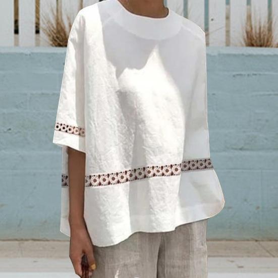 O-Neck pół rękawa damska bluzka drążą koronkowe szwy luźny krój cienka jednokolorowa koszula retro Top Streetwear