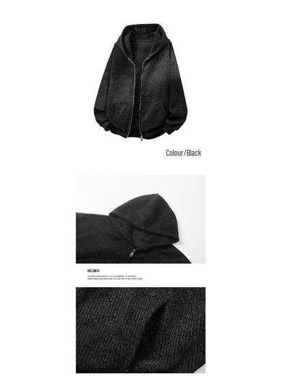 2025 Men's Trendy Striped Grey Cardigan Hoodie Jacket with Hat - American Street Style for Spring/Autumn