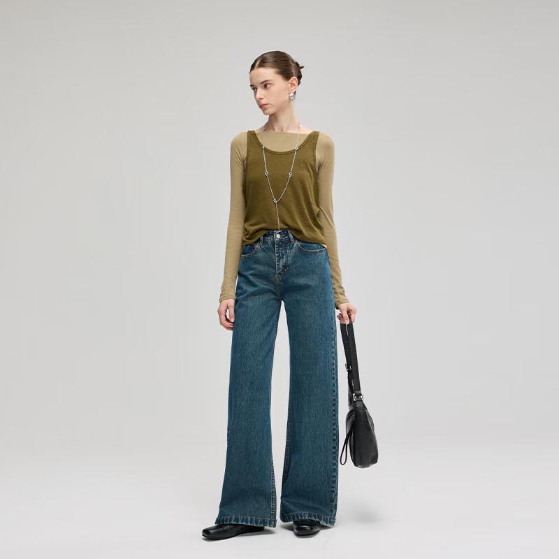 Fengxun Women's High-Waist Wide-Leg Straight Denim Pants