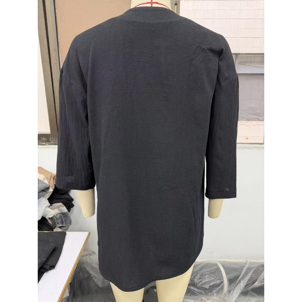 Spring Summer Women's Cotton Linen Shirt, Vintage Retro Solid Color Casual 3/4 Sleeve Blouse Top For Women, European American Fashion