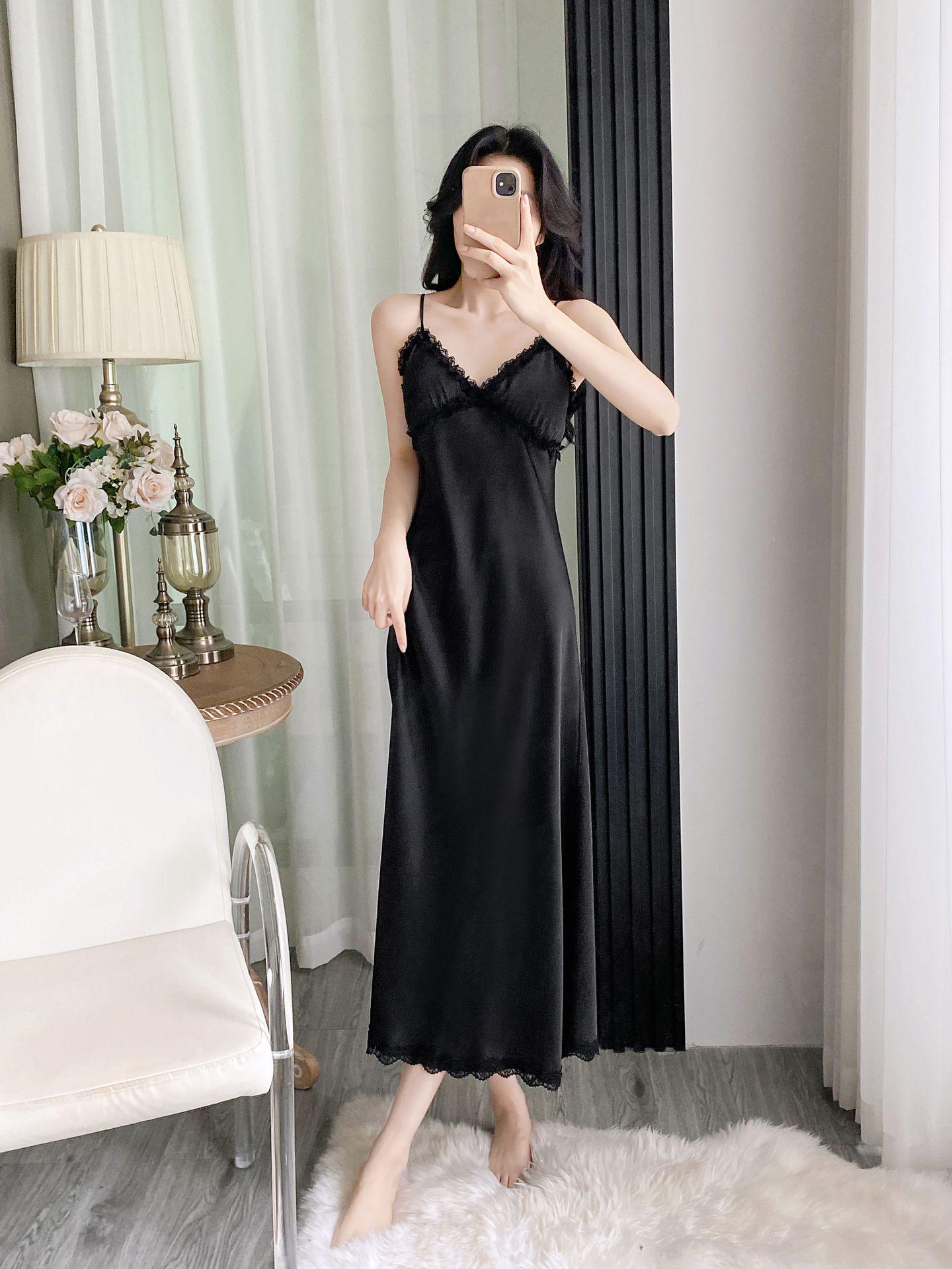 Yase Semi-Ripe Flower Season Women s Sexy Summer Ice Silk Camisole Nightgown with Chest Pads and Lace Robe L