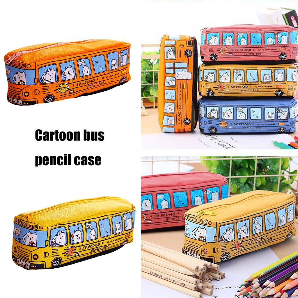 Cartoon Bus Shaped Pen Case Canvas Pen Bag Zippered Pen Pouches Big Capacity Pen Case Stationeries Organiser for Student