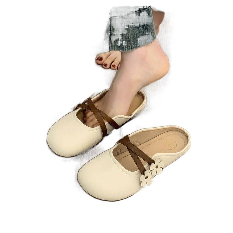 Baotou Half Slippers Women's Summer Outer Wear 2025 New One-pedal Women's Shoes Half-support Single Shoes Flat Mary Jane Cool Slippers