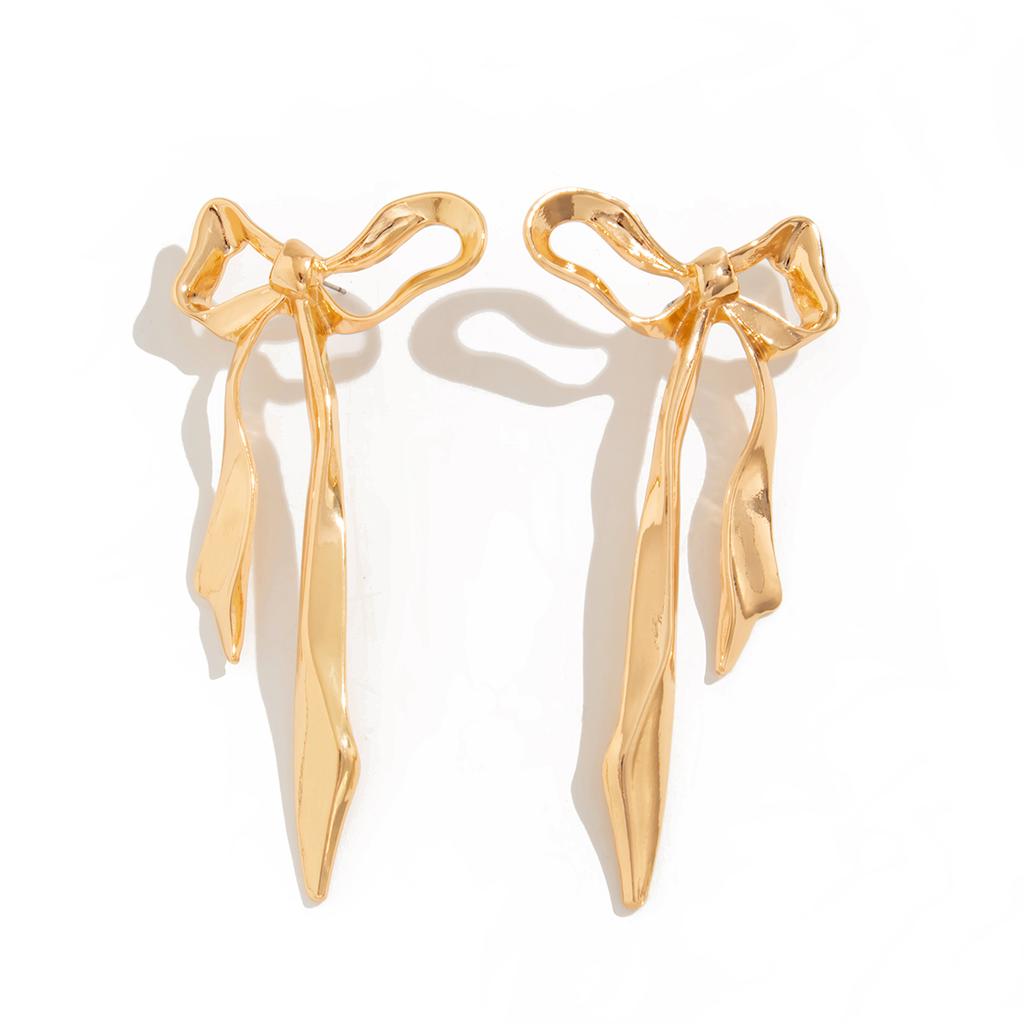 Ingemark Vintage Goldfarbene Schleife Schleifenknoten Lange Quaste Hängende Ohrringe für Damen Klassische Hängende Piercing-Ohrringe Hochzeits Schmuck Geschenk
