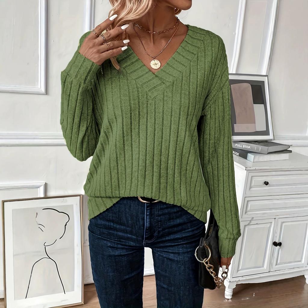 2026 Spring and Autumn Women's Ribbed Knit Solid Color V-neck Drop-shoulder Elegant Long-sleeve Top