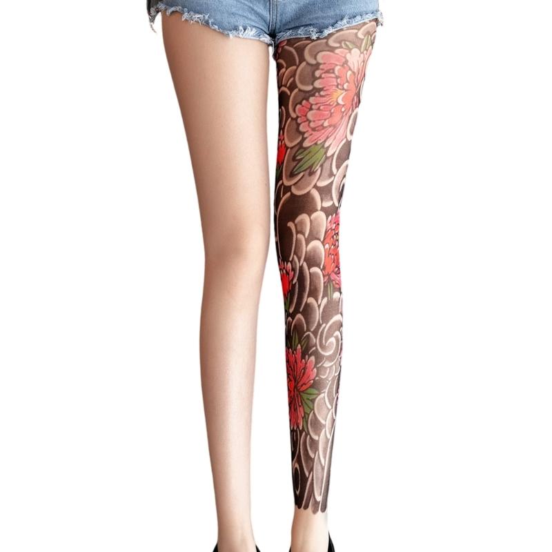 Floral Fake Tattooed Print Tights Stretchy Nylon Leggings Breathable Sheer Pantyhose Asymmetrical Stockings for Women