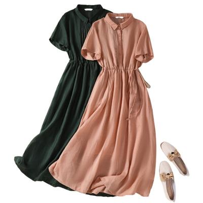 Foto real vestido de verão fino de algodão e linho estilo literário simples e fino de manga curta médio e longo feminino
