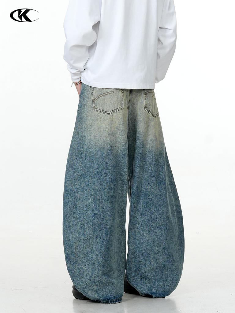 11KN Unisex Retro Blue Wide-Leg Distressed Jeans - Curved Blade Silhouette, Slimming, Loose Fit, Washed Casual Long Pants