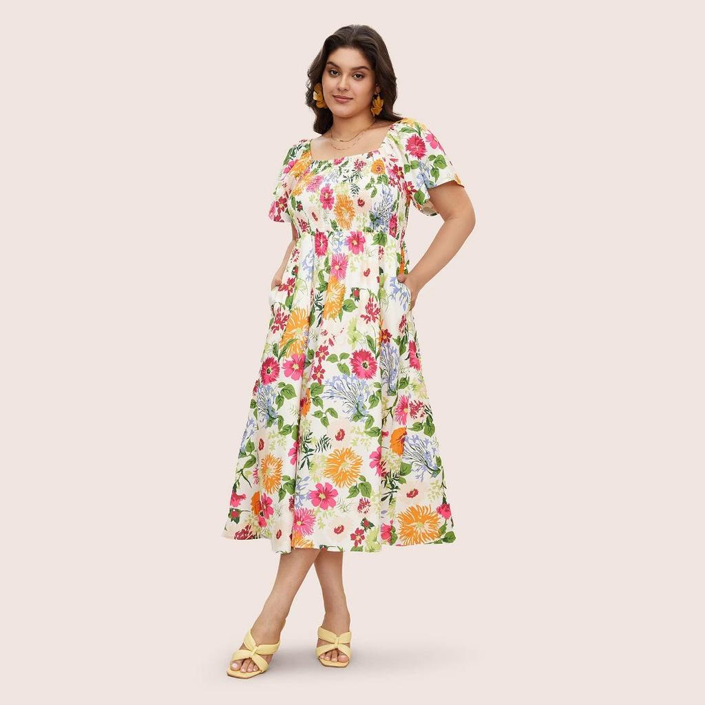 Summer New Dress: Square-neck Plus-size Loose Long Dress High-waisted Printed Short-sleeved Long Dress