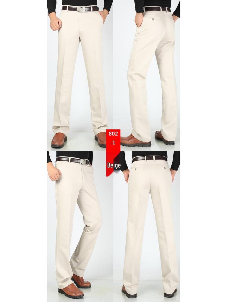 Men's High Waist Elastic Cotton Casual Pants - Thick, Loose, Straight Leg