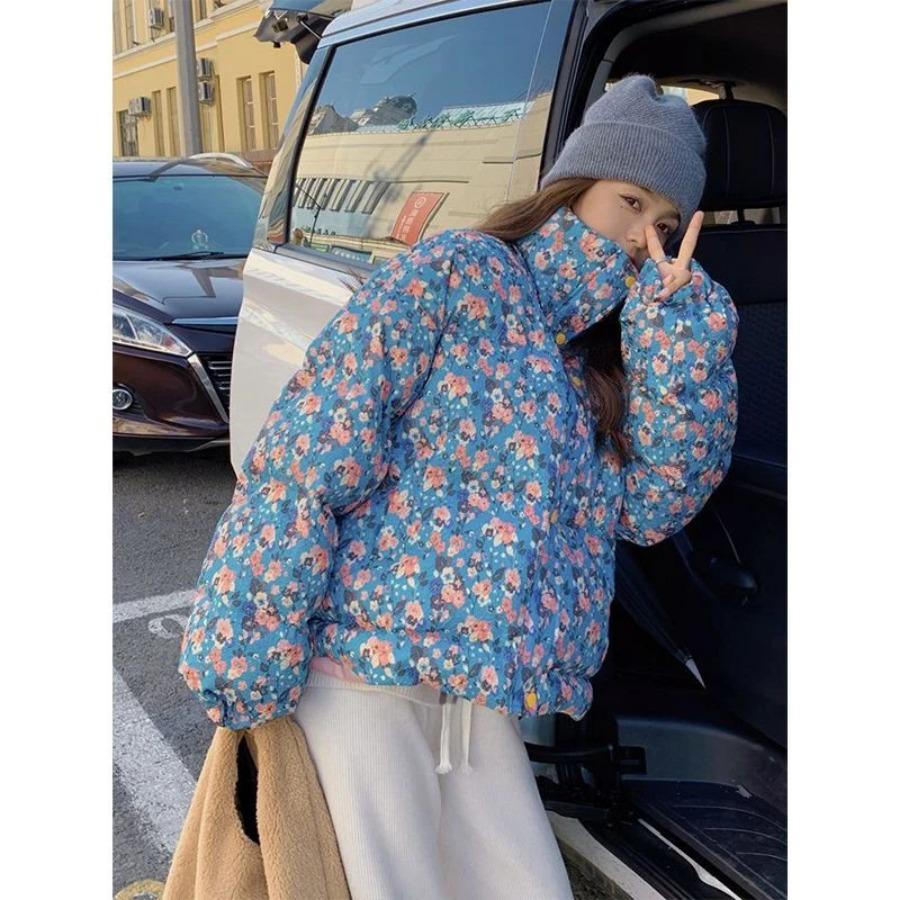Dámská zkrácená květinová prošívaná bunda s květinovým potiskem Lehký vycpaný kabátek se stojáčkem na zip zateplené teplé oblečení