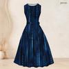 Women Plus Size Two Piece Set Printed Dark Blue Three Quarter Sleeve Open Cardigan Sleeveless Tie Waist Flared Dress