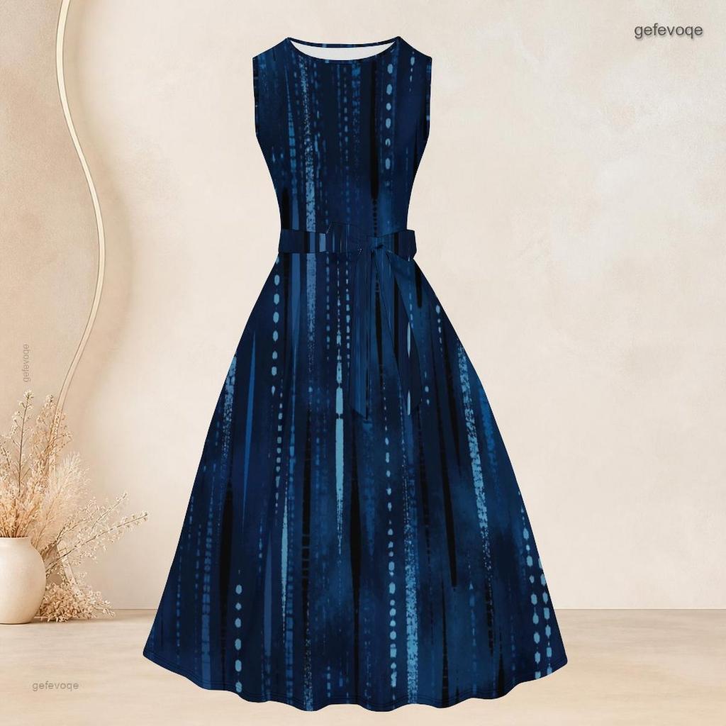 Women Plus Size Two Piece Set Printed Dark Blue Three Quarter Sleeve Open Cardigan Sleeveless Tie Waist Flared Dress