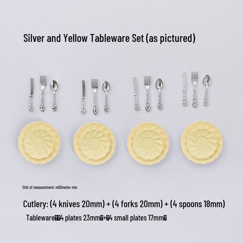 Miniature Dollhouse DIY Model Cake Set: Alloy Plate, Knife, Fork & Spoon Props