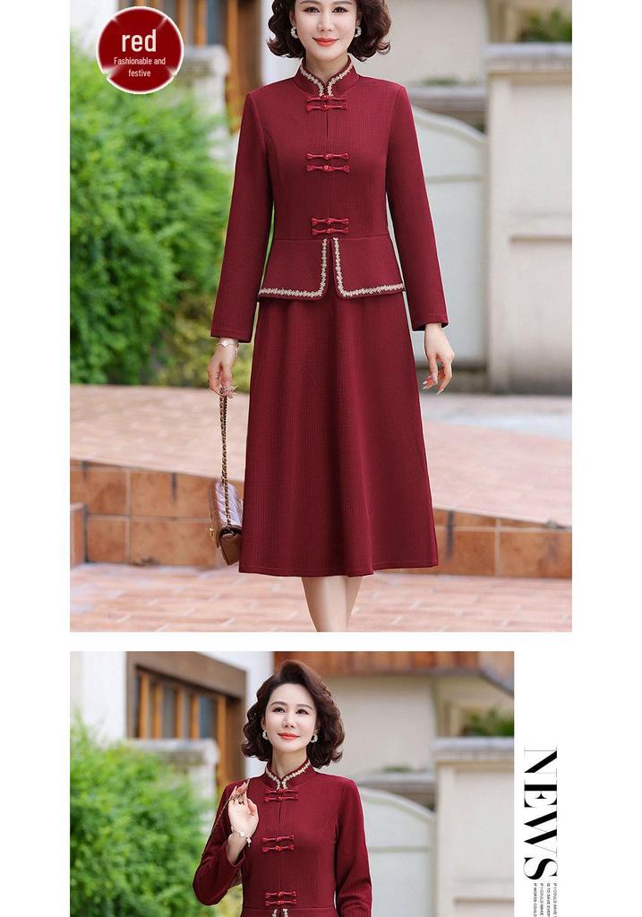 Stylish Two-Piece Faux Dress for Women - Mid-Age Spring/Autumn Design with Belly-Concealing Frog Button