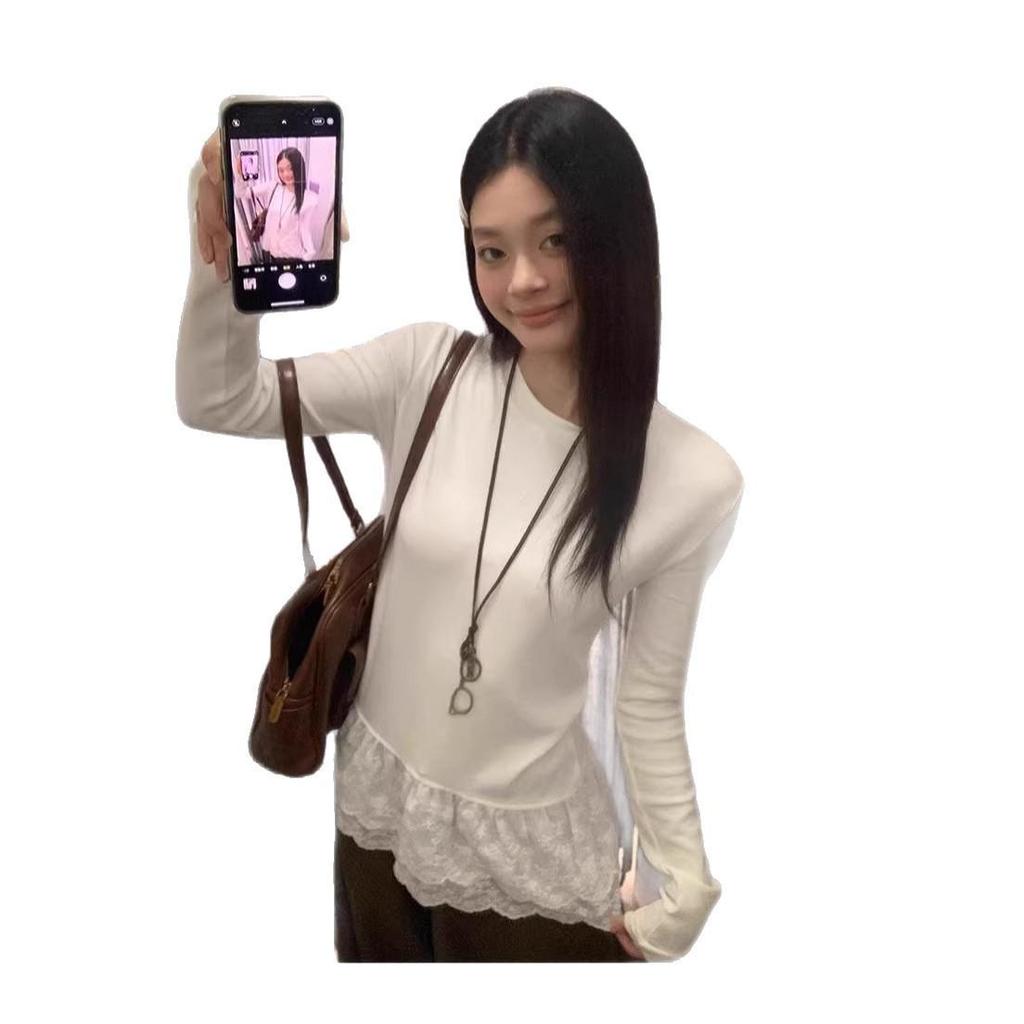 Korean Lace Thermal Slim-Fit Women's Long-Sleeve T-shirt, Autumn/Winter 2025 Style