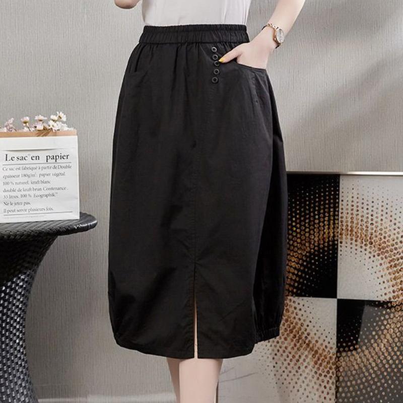 Women's High-Waist Slimming Bubble Hem Midi Skirt - Artsy Casual Vintage Style with Lantern Silhouette