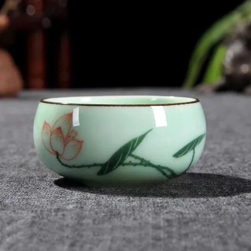Celadon Tea Cup Set Hand Painted Lotus Bamboo Koi Fish Design 80ml Ceramic Chinese Gongfu Tea Ceremony Home Decor Gift