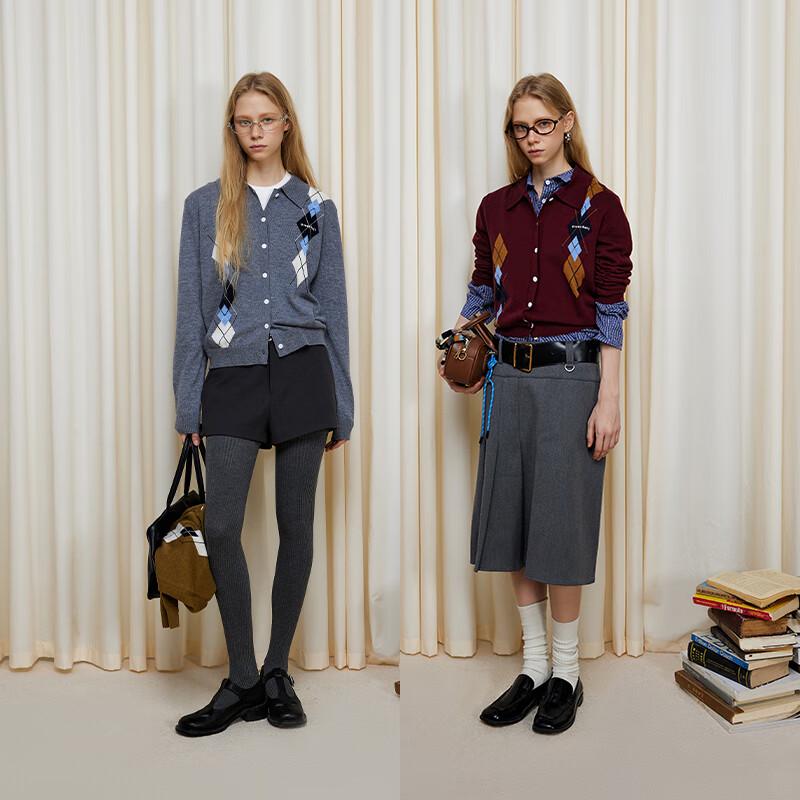 GREEN BELT Women's Retro Contrast Argyle Wool Blend Knit Cardigan