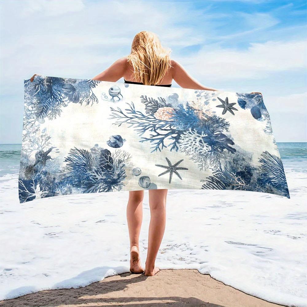 1pc Oversized Microfiber Beach Scarf Ocean Print (starfish, Coral & Shells) Quick-Dry Lightweight Sand-Free Sun Protection Wrap