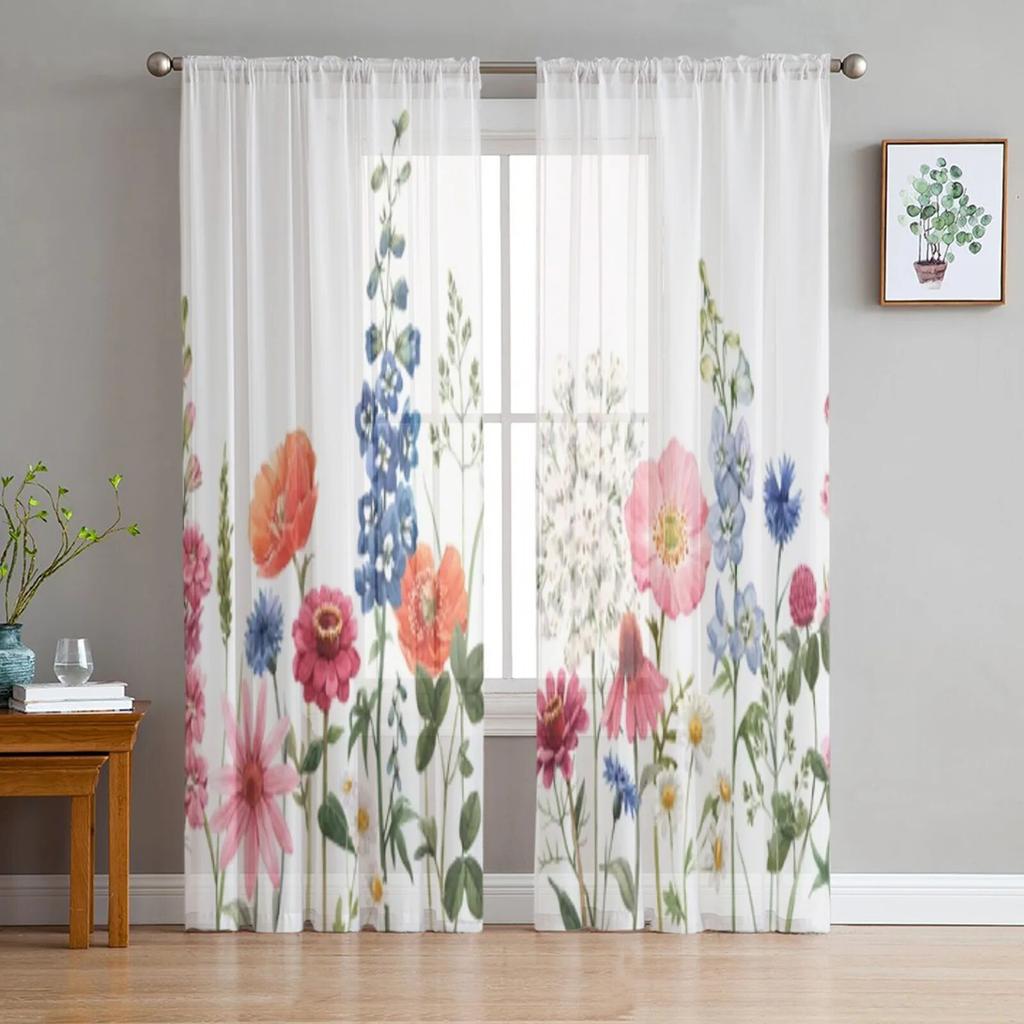 Floral Watercolor Wildflowers In Vintage Style Tulle Curtains for Living Room Bedroom Chiffon Sheer Voile Kitchen Curtain
