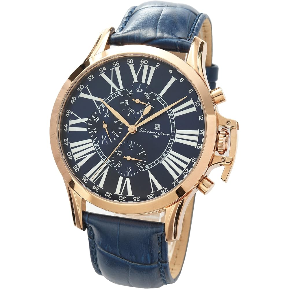 Salvatore Marra Men s Quartz Analog Watch Blue Leather Strap with Watch Cloth