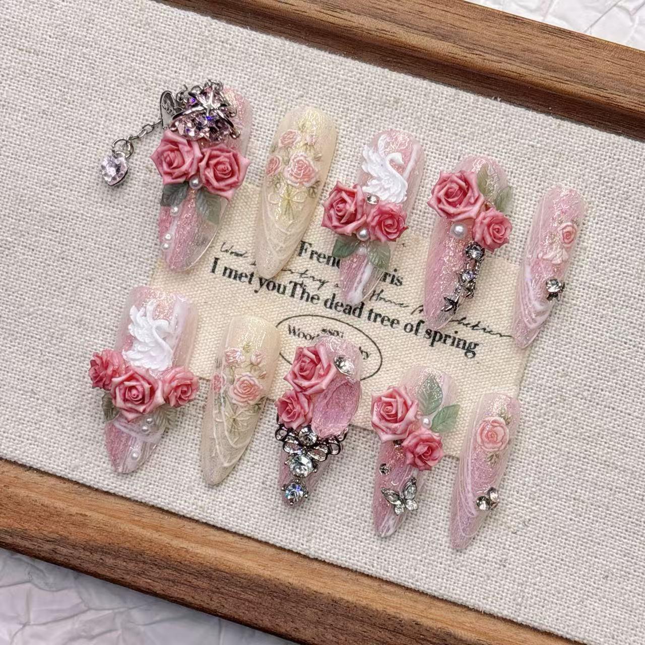Pink Swan Pointed Medium-Long Handmade Tassel False Nail Tips