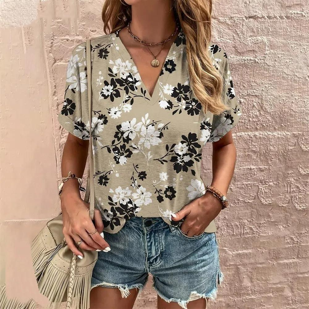 S-8XL Plus Size Crushed Flower Casual T Shirts Streetwear Casual Women's Short Sleeve Tops Tees V Neck T-shirt Fashion Clothing