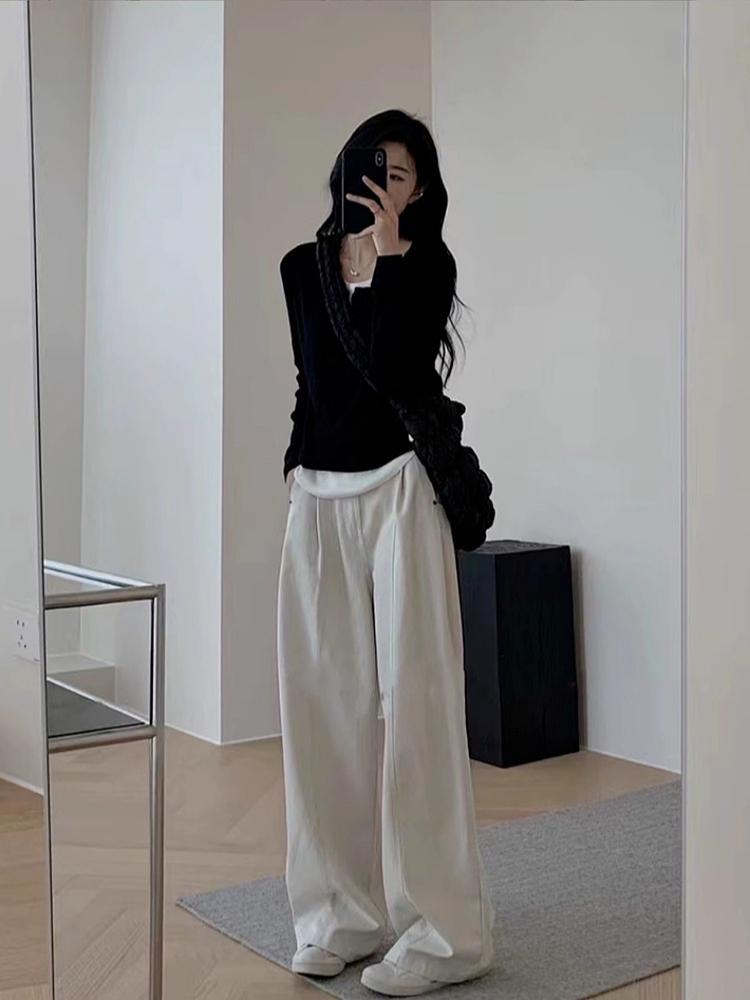 Autumn Winter Korean Fashion Patchwork Tops Women Casual Fake Two-piece T-shirt Elegant Long Sleeved Pullover Slim Contrast Color Clothes