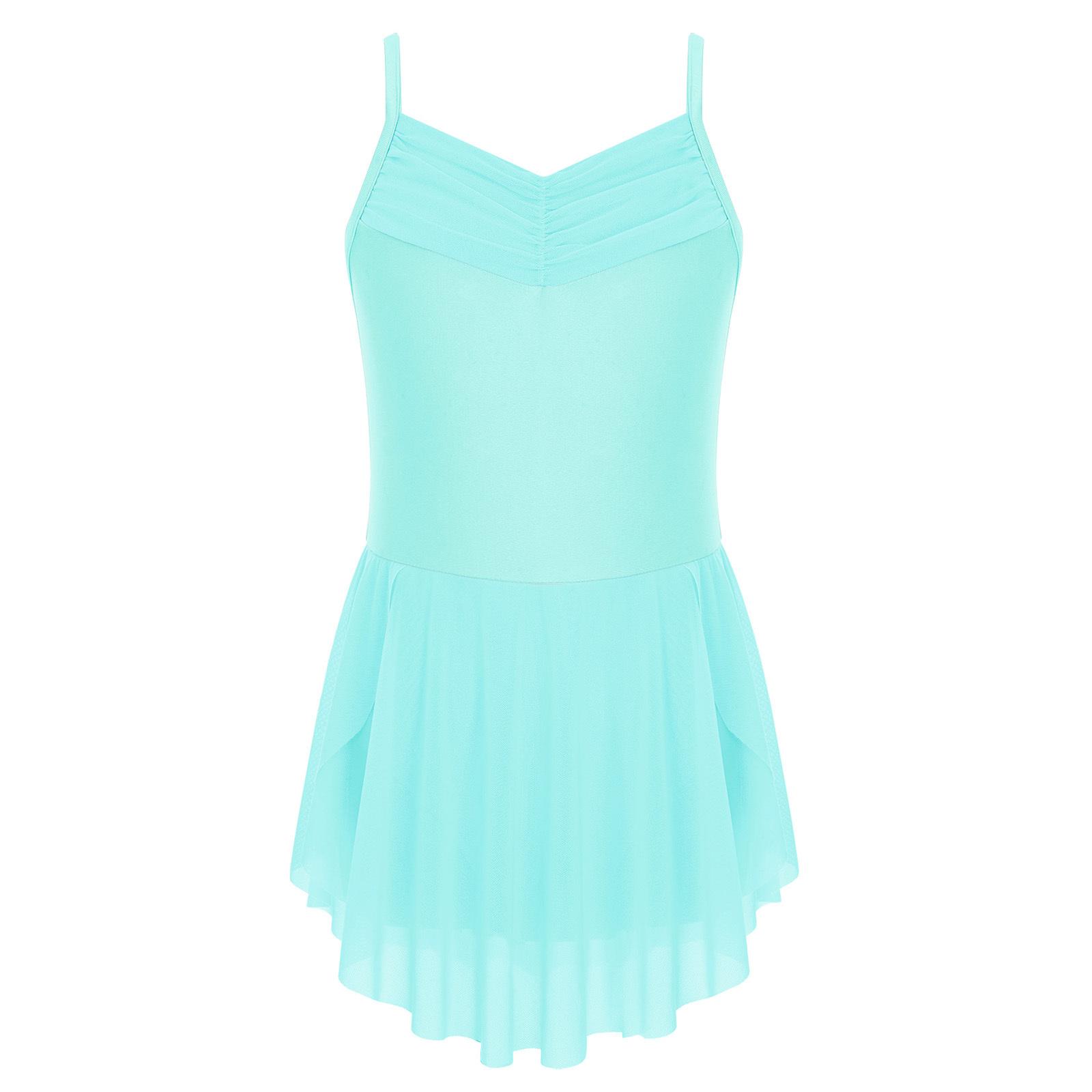 Mädchen Ballettkleider Ballerina Übung Performance Raffung V-Ausschnitt Spaghettiträger Seitenschlitz Kleid 11-12 Years hellgrüne